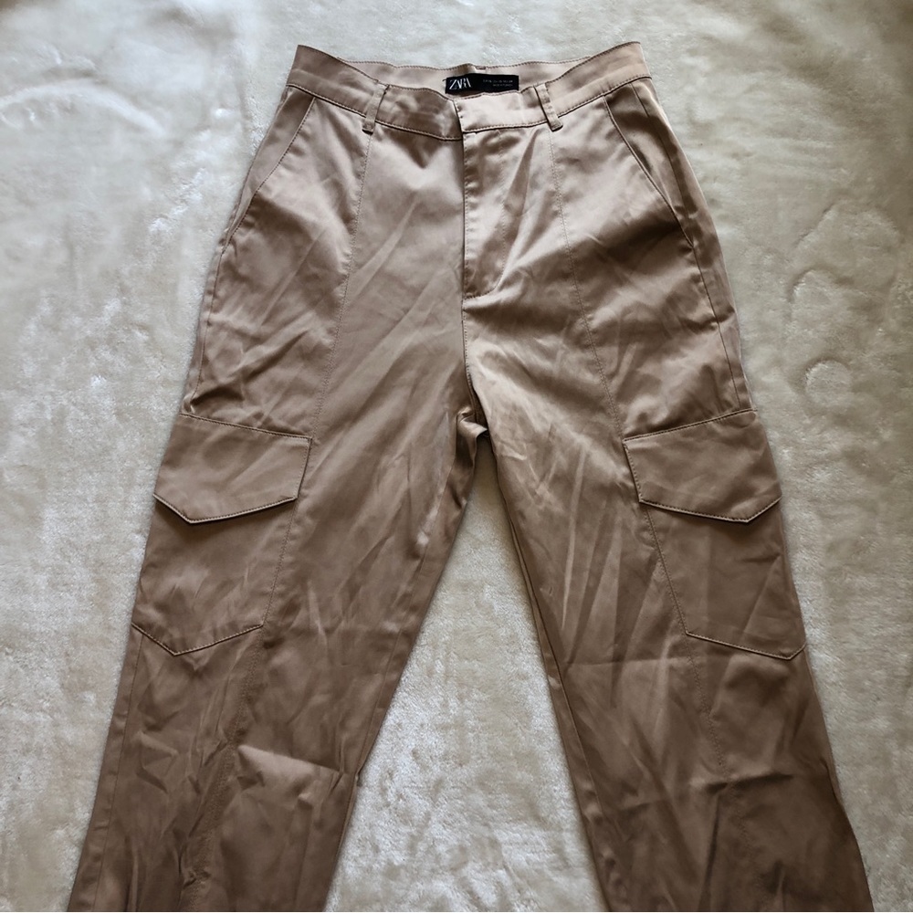 Zara Satin Tan High Waisted Cargo Pants Size XS - Picture 3 of 14